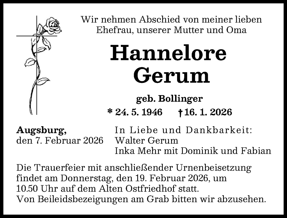  Traueranzeige für Hannelore Gerum vom 07.02.2026 aus Augsburger Allgemeine