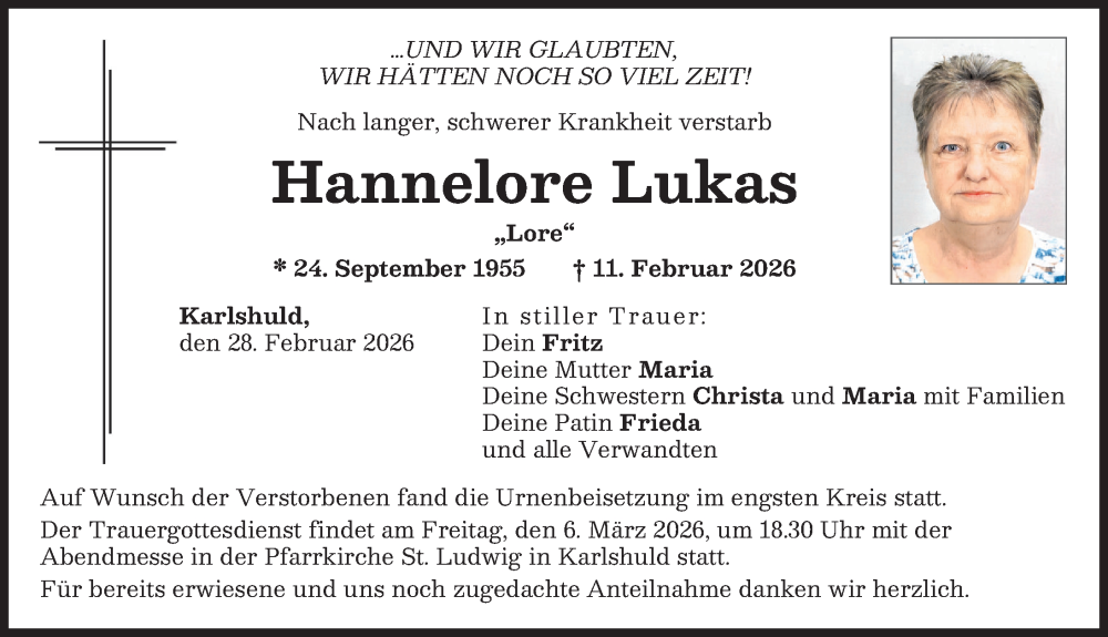  Traueranzeige für Hannelore Lukas vom 28.02.2026 aus Neuburger Rundschau