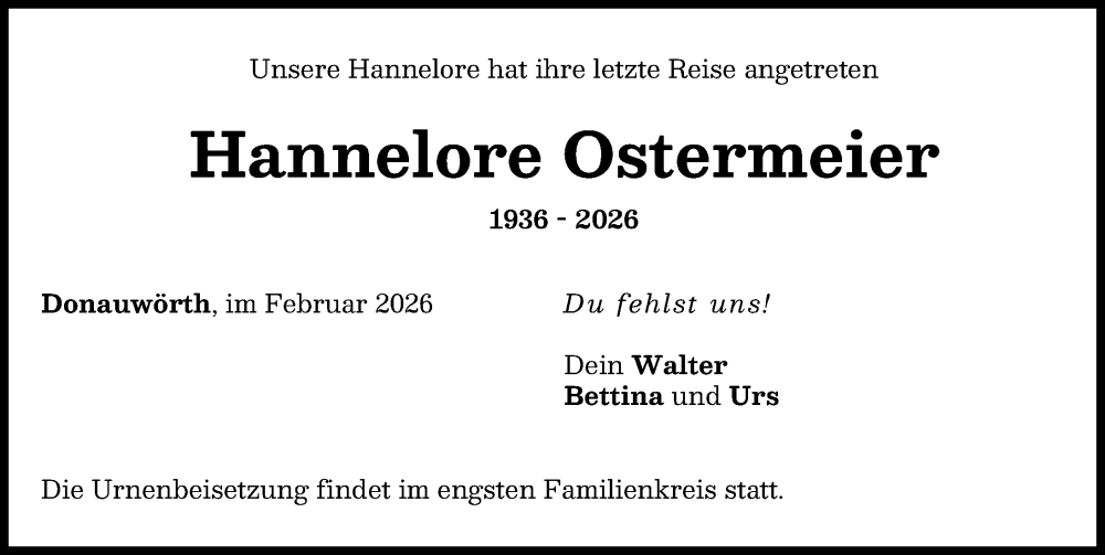  Traueranzeige für Hannelore Ostermeier vom 25.02.2026 aus Donauwörther Zeitung