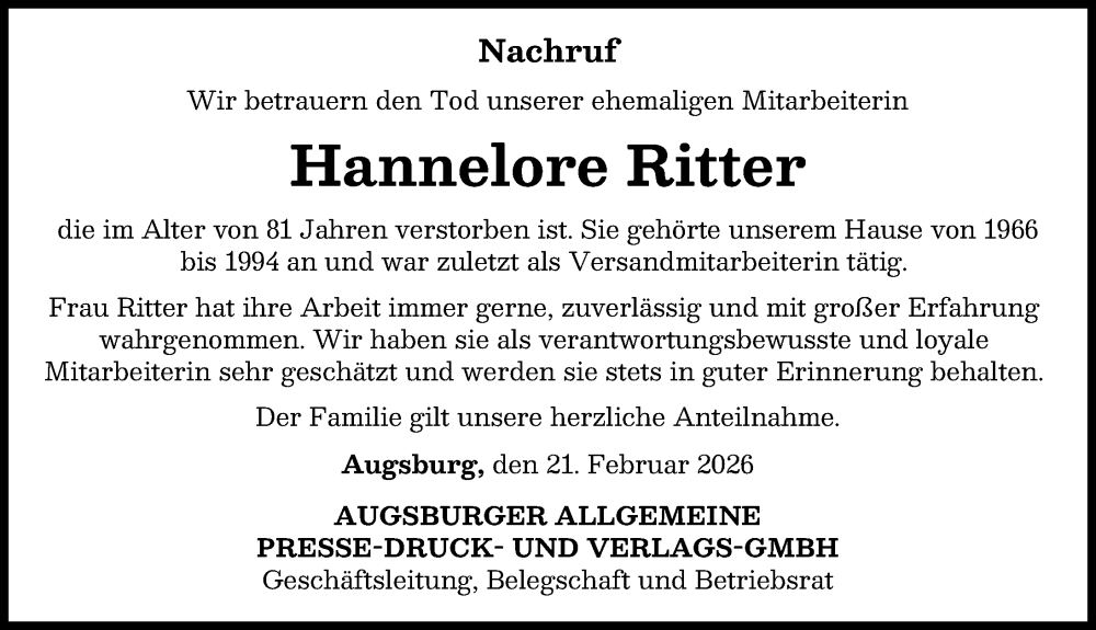  Traueranzeige für Hannelore Ritter vom 21.02.2026 aus Augsburger Allgemeine