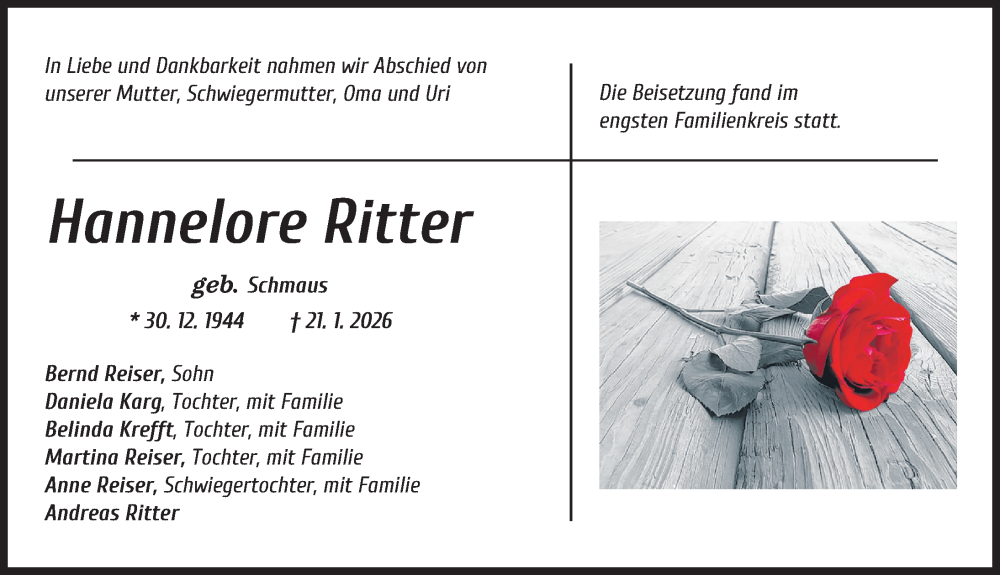  Traueranzeige für Hannelore Ritter vom 21.02.2026 aus Augsburger Allgemeine