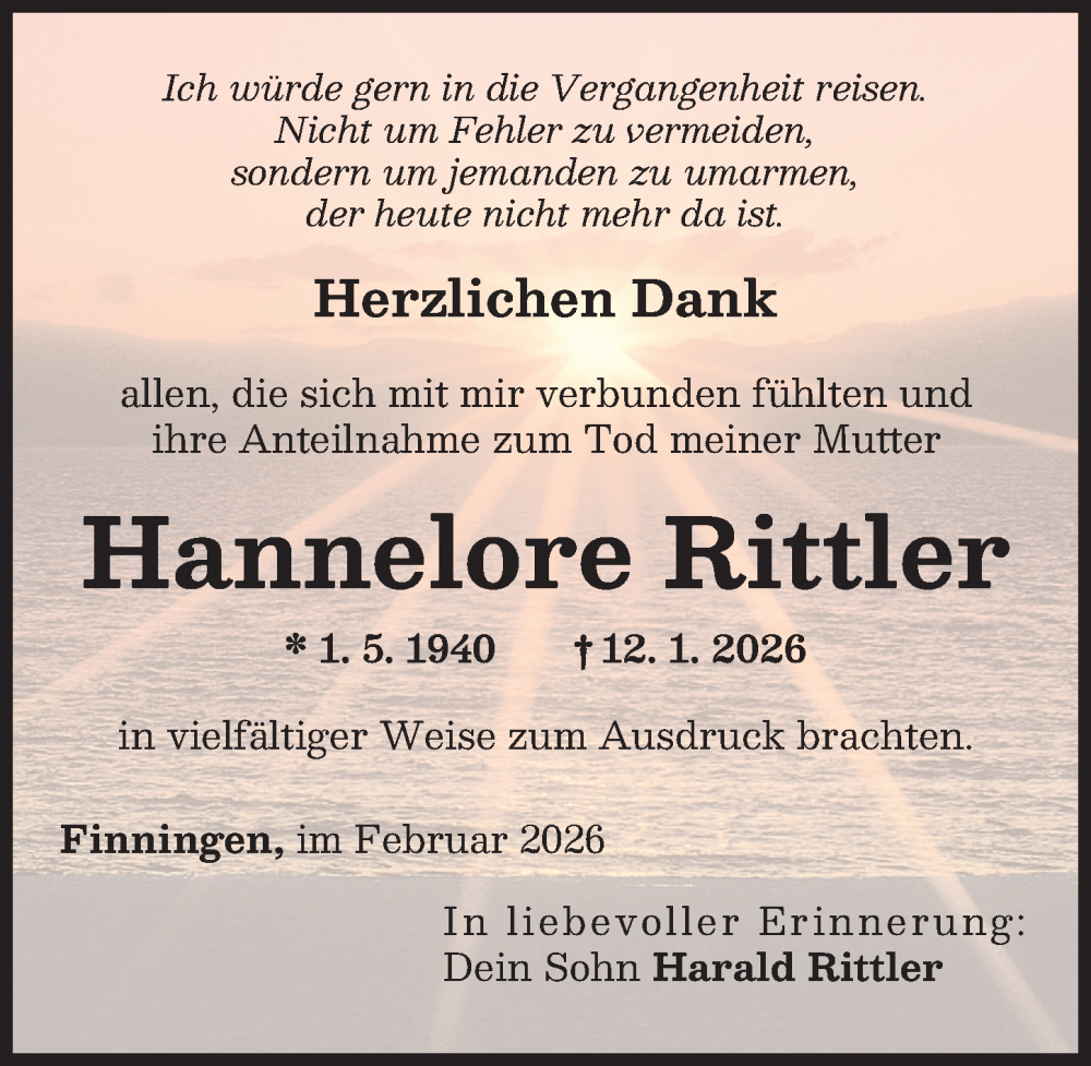  Traueranzeige für Hannelore Rittler vom 04.02.2026 aus Neu-Ulmer Zeitung