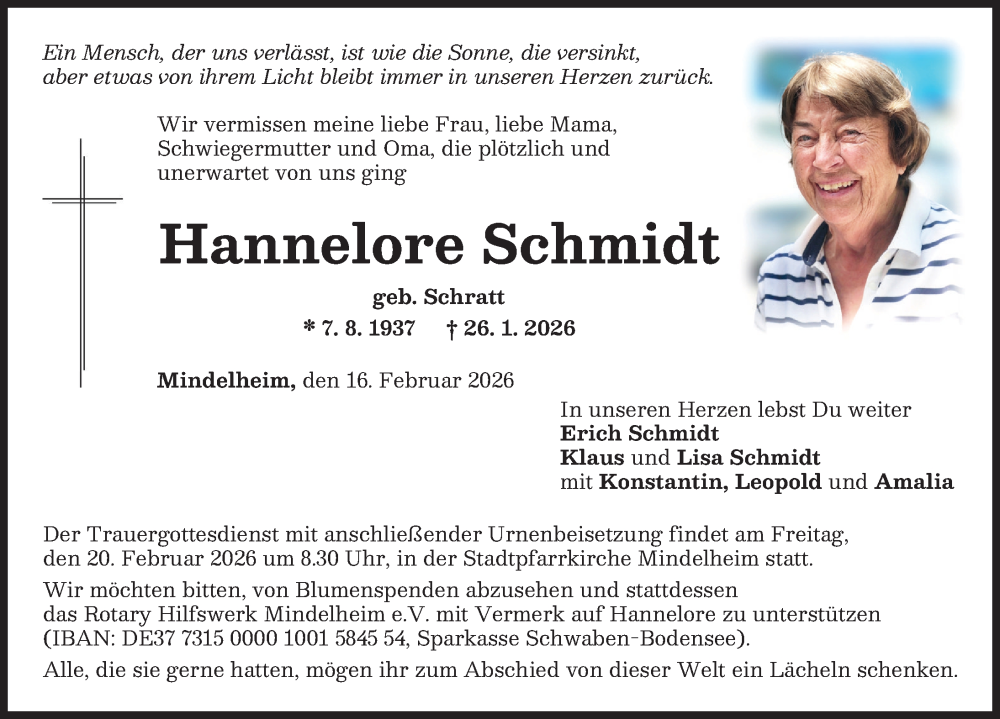  Traueranzeige für Hannelore Schmidt vom 16.02.2026 aus Mindelheimer Zeitung