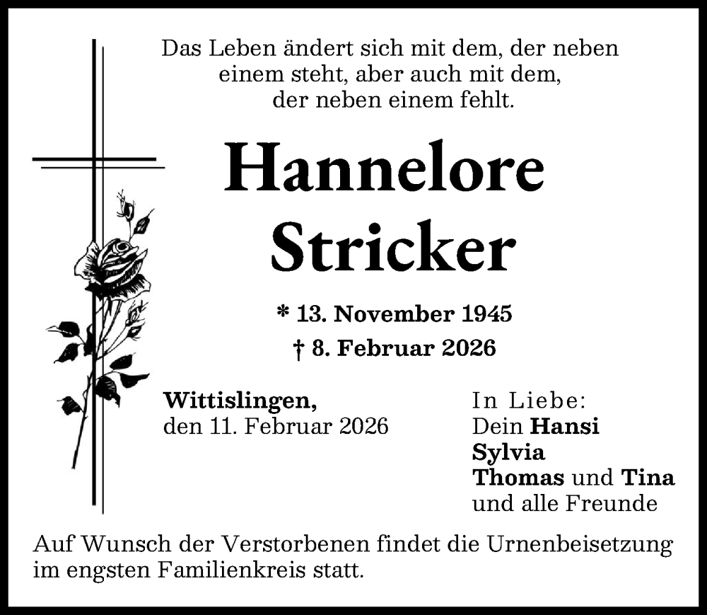  Traueranzeige für Hannelore Stricker vom 11.02.2026 aus Donau Zeitung
