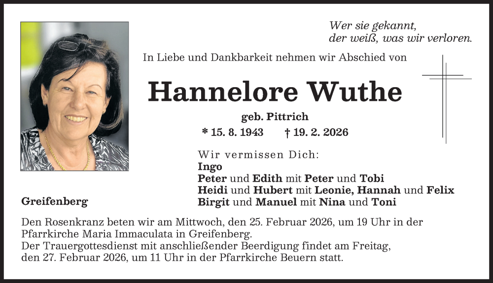  Traueranzeige für Hannelore Wuthe vom 24.02.2026 aus Landsberger Tagblatt