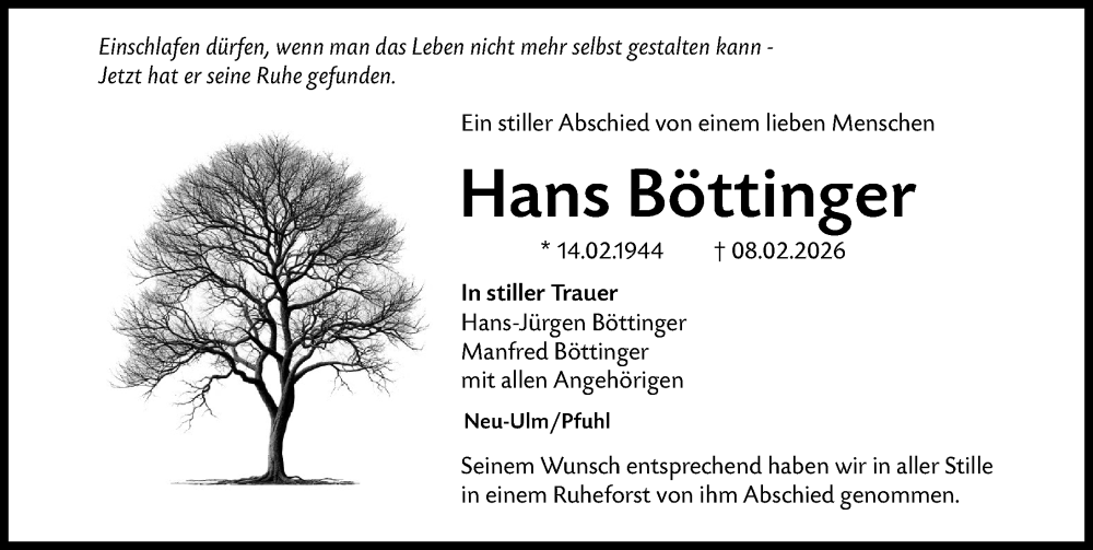 Traueranzeige von Hans Böttinger von Augsburger Allgemeine, Neu-Ulmer Zeitung