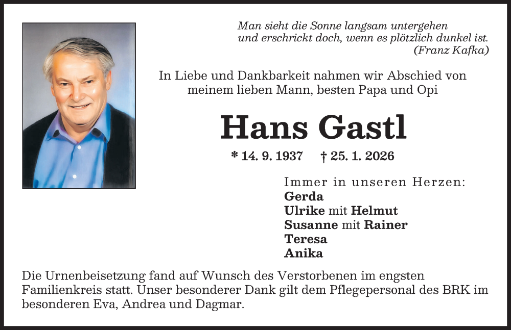  Traueranzeige für Hans Gastl vom 18.02.2026 aus Friedberger Allgemeine