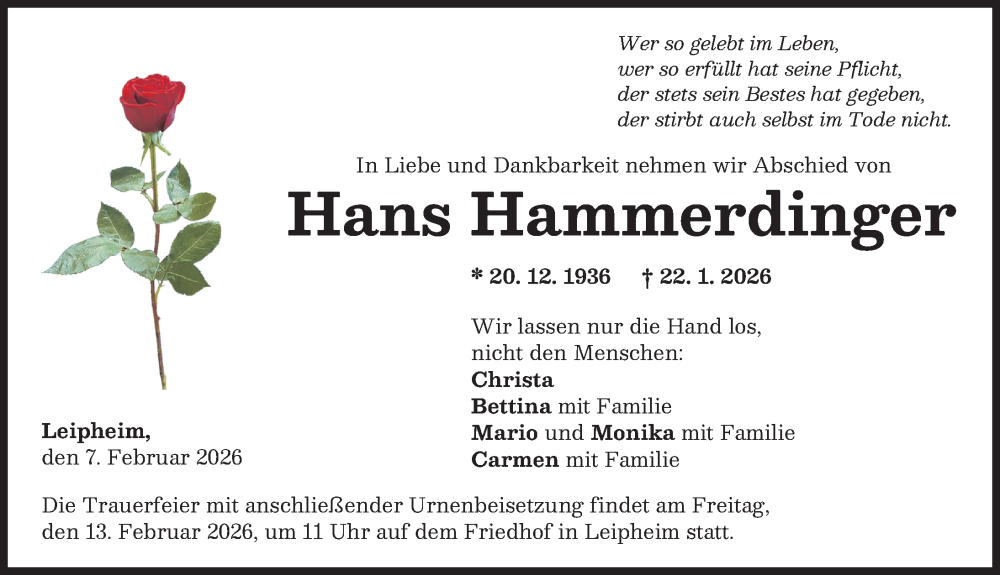  Traueranzeige für Hans Hammerdinger vom 07.02.2026 aus Günzburger Zeitung