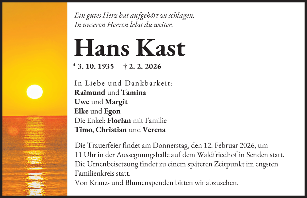  Traueranzeige für Hans Kast vom 07.02.2026 aus Neu-Ulmer Zeitung
