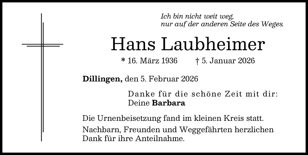  Traueranzeige für Hans Laubheimer vom 05.02.2026 aus Donau Zeitung