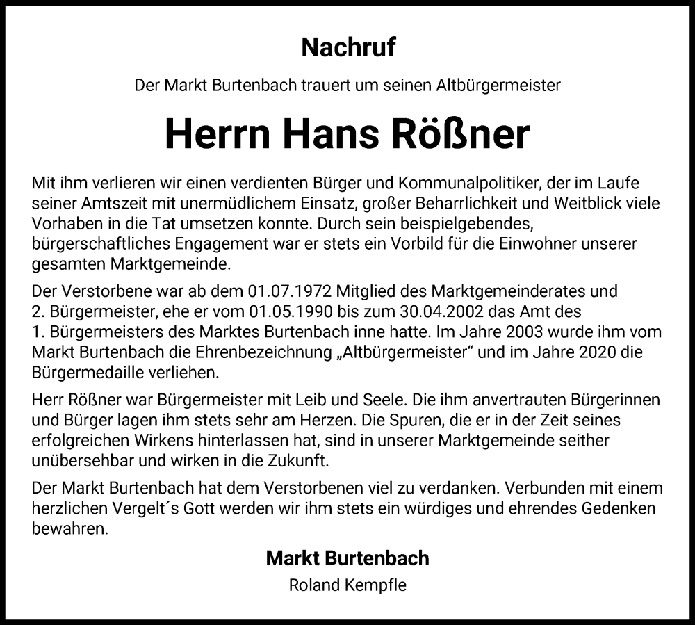  Traueranzeige für Hans Rößner vom 10.02.2026 aus Günzburger Zeitung, Mittelschwäbische Nachrichten