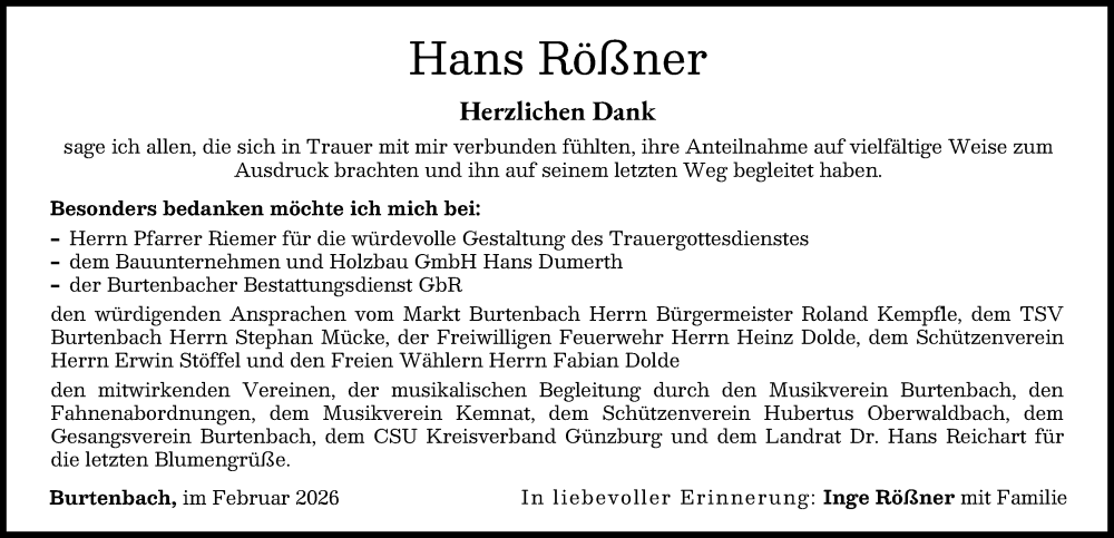 Traueranzeige von Hans Rößner von Günzburger Zeitung