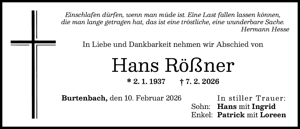 Traueranzeige für Hans Rößner vom 10.02.2026 aus Günzburger Zeitung