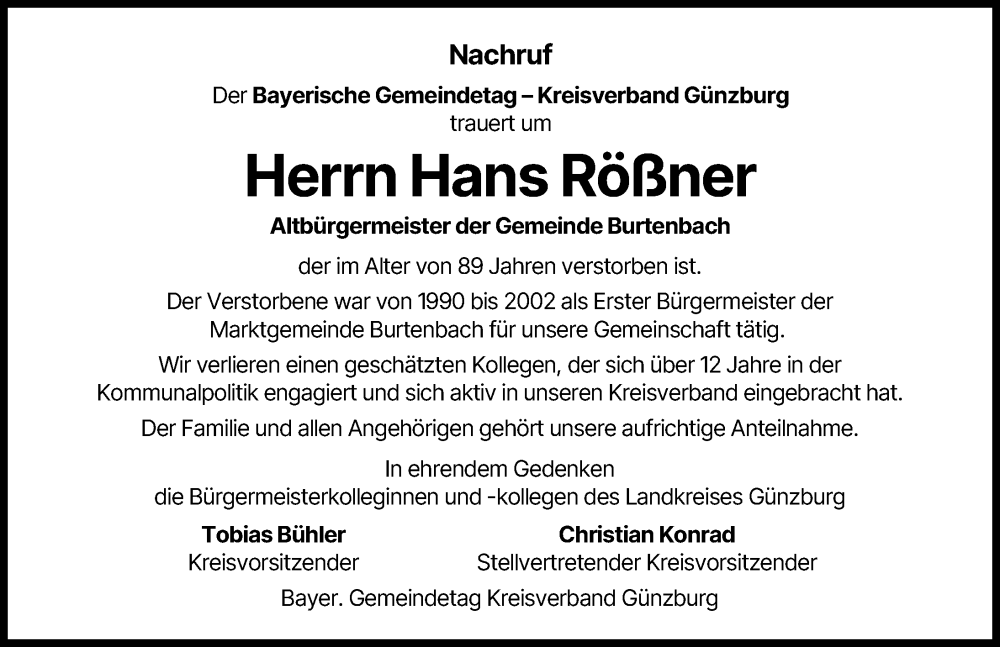  Traueranzeige für Hans Rößner vom 10.02.2026 aus Günzburger Zeitung, Mittelschwäbische Nachrichten