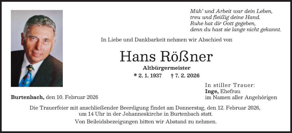  Traueranzeige für Hans Rößner vom 10.02.2026 aus Günzburger Zeitung