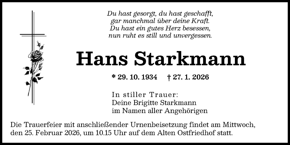  Traueranzeige für Hans Starkmann vom 21.02.2026 aus Augsburger Allgemeine