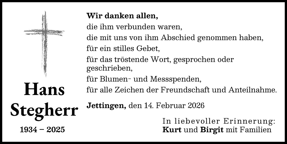 Traueranzeige von Hans Stegherr von Günzburger Zeitung