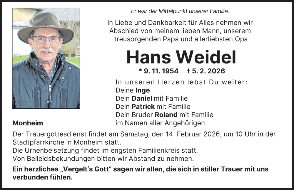  Traueranzeige für Hans Weidel vom 11.02.2026 aus Donauwörther Zeitung