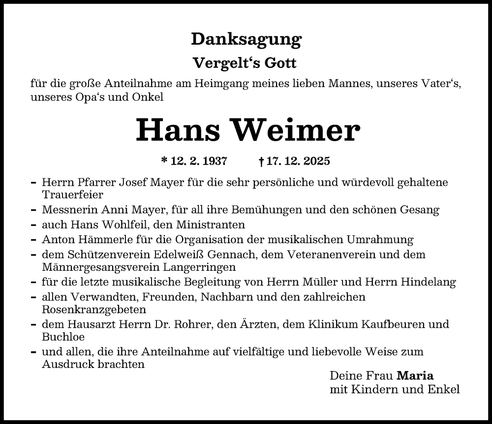 Traueranzeige von Hans Weimer von Schwabmünchner Allgemeine