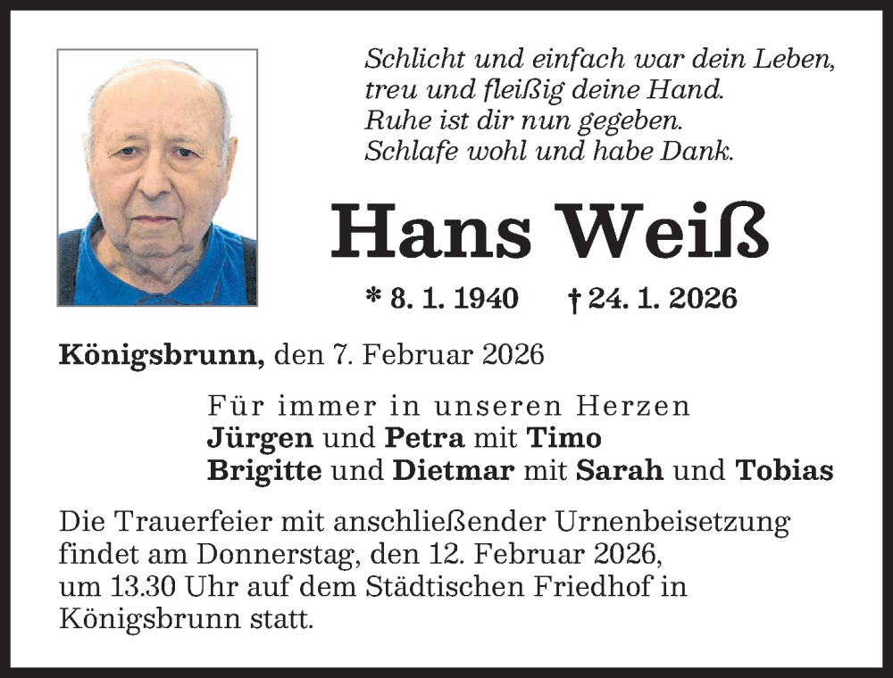  Traueranzeige für Hans Weiß vom 07.02.2026 aus Schwabmünchner Allgemeine
