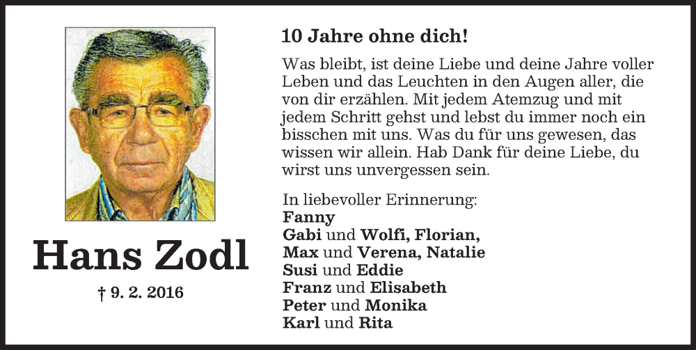  Traueranzeige für Hans Zodl vom 14.02.2026 aus Schwabmünchner Allgemeine