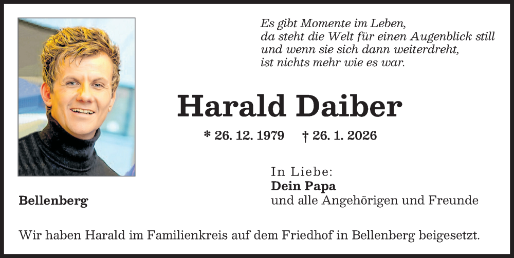  Traueranzeige für Harald Daiber vom 21.02.2026 aus Illertisser Zeitung