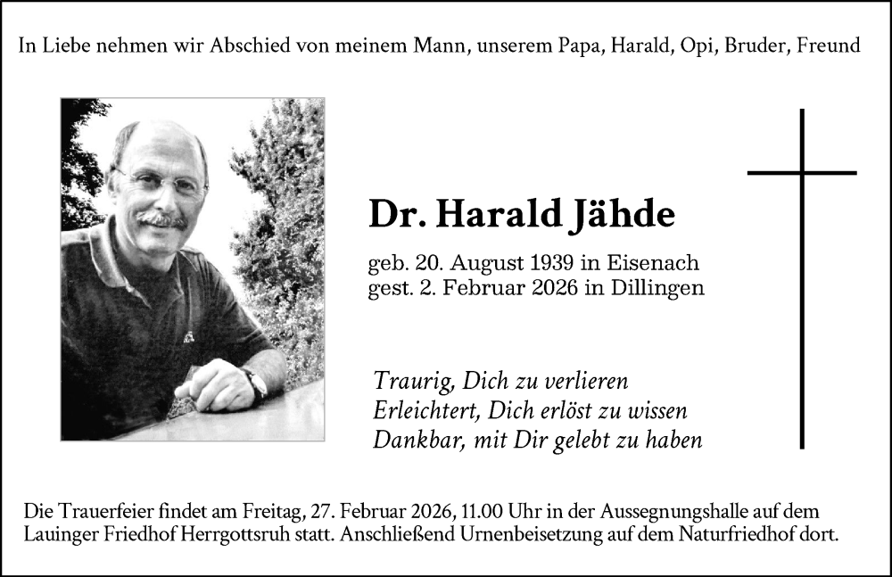  Traueranzeige für Harald Jähde vom 17.02.2026 aus Donau Zeitung