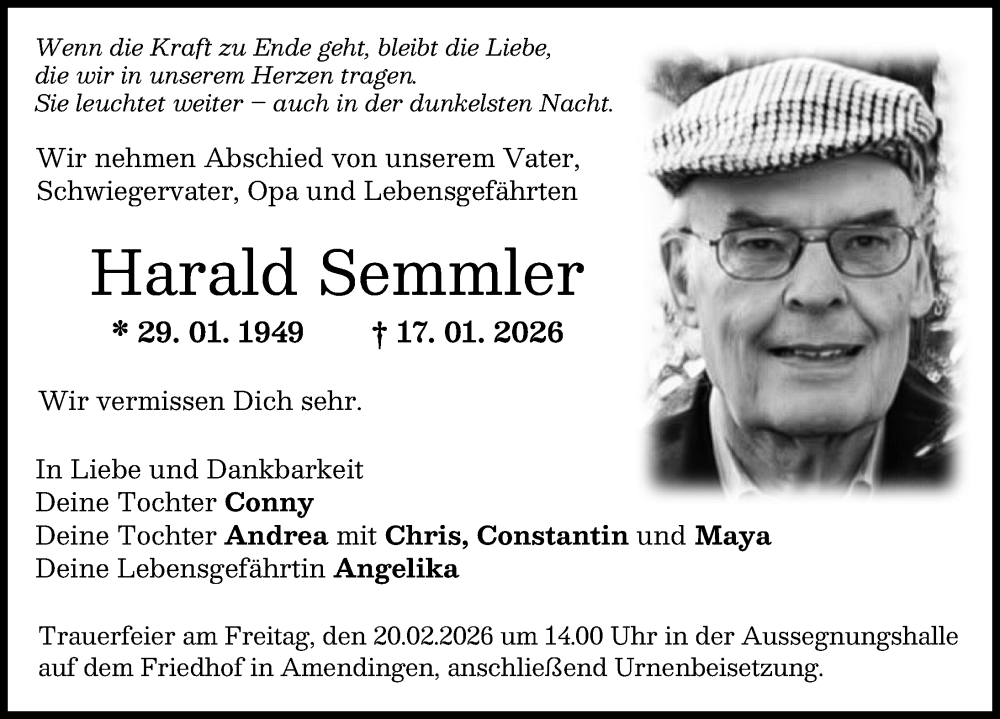  Traueranzeige für Harald Semmler vom 14.02.2026 aus Mindelheimer Zeitung