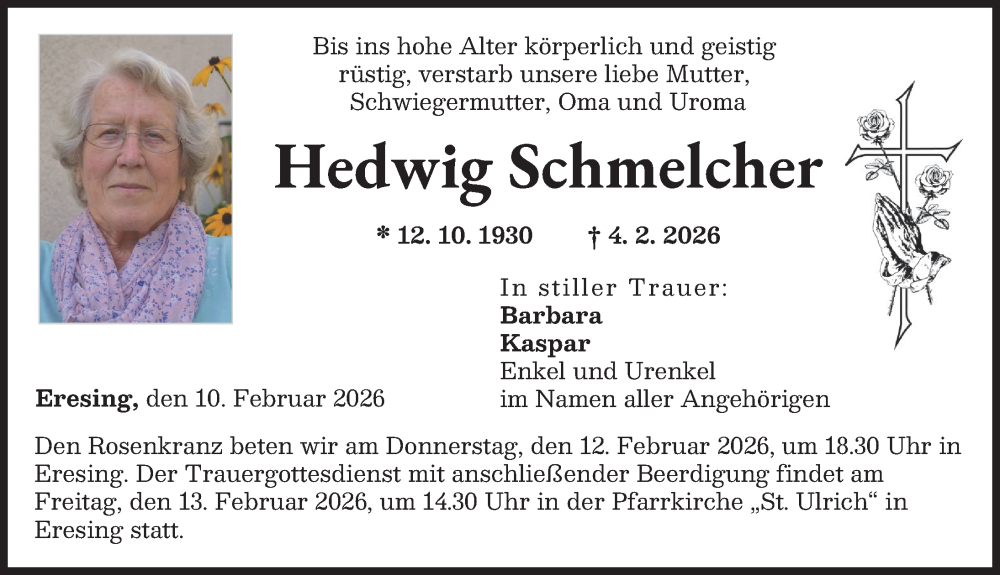  Traueranzeige für Hedwig Schmelcher vom 10.02.2026 aus Landsberger Tagblatt