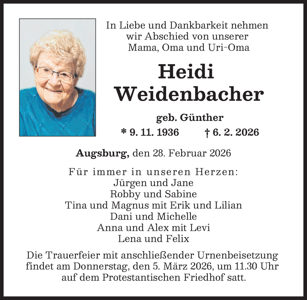 Traueranzeige von Heidi Weidenbacher von Augsburger Allgemeine