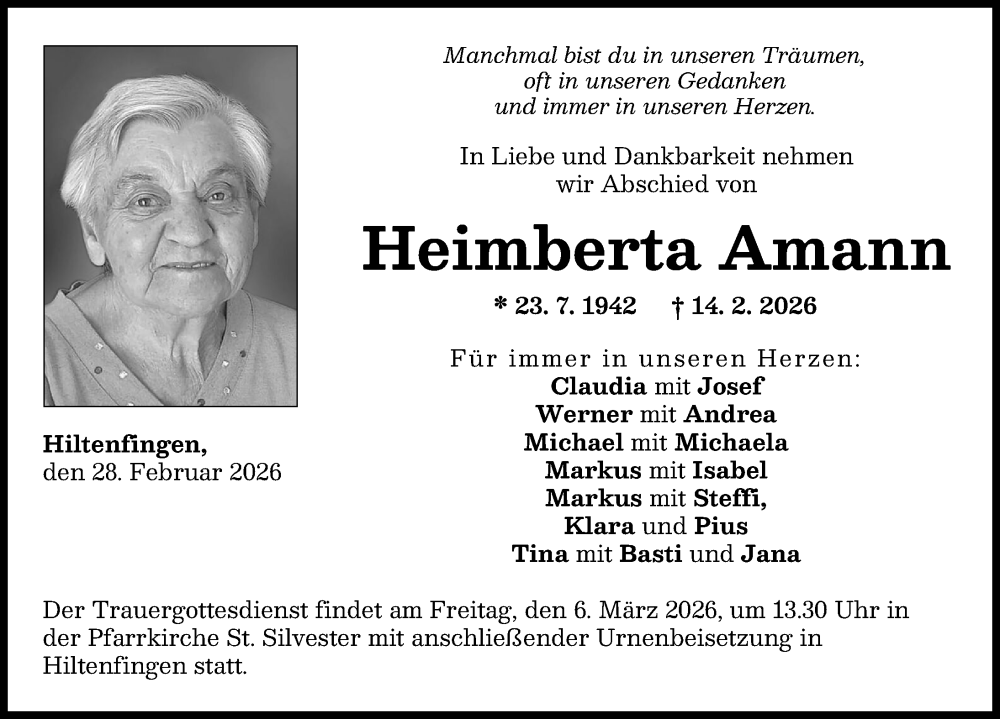  Traueranzeige für Heimberta Amann vom 28.02.2026 aus Schwabmünchner Allgemeine
