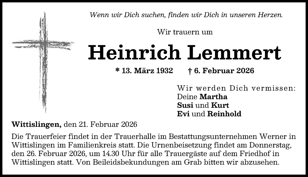  Traueranzeige für Heinrich Lemmert vom 21.02.2026 aus Donau Zeitung