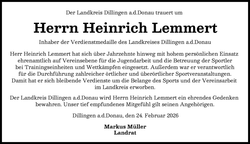 Traueranzeige von Heinrich Lemmert von Donau Zeitung