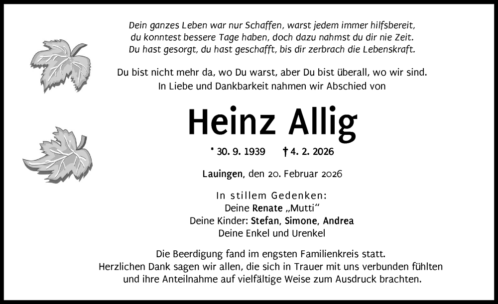  Traueranzeige für Heinz Allig vom 20.02.2026 aus Donau Zeitung