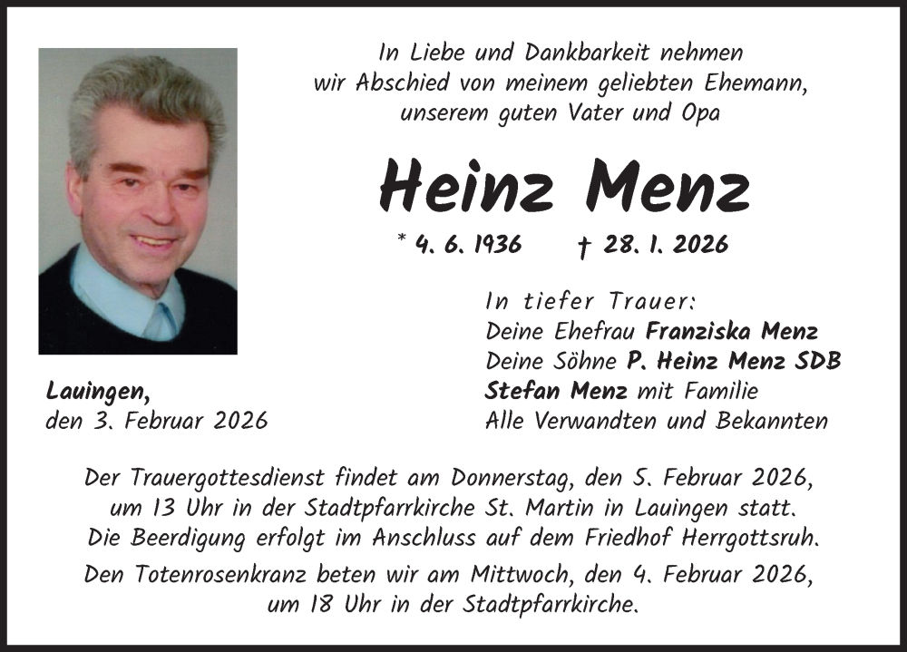  Traueranzeige für Heinz Menz vom 03.02.2026 aus Donau Zeitung