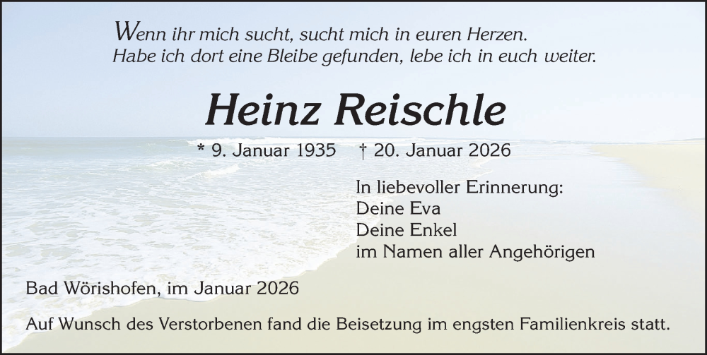  Traueranzeige für Heinz Reischle vom 14.02.2026 aus Mindelheimer Zeitung