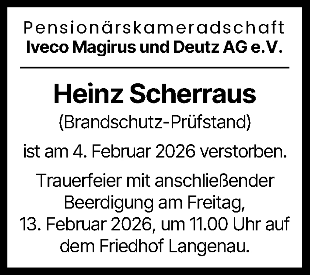  Traueranzeige für Heinz Scherraus vom 10.02.2026 aus Illertisser Zeitung, Neu-Ulmer Zeitung, Günzburger Zeitung