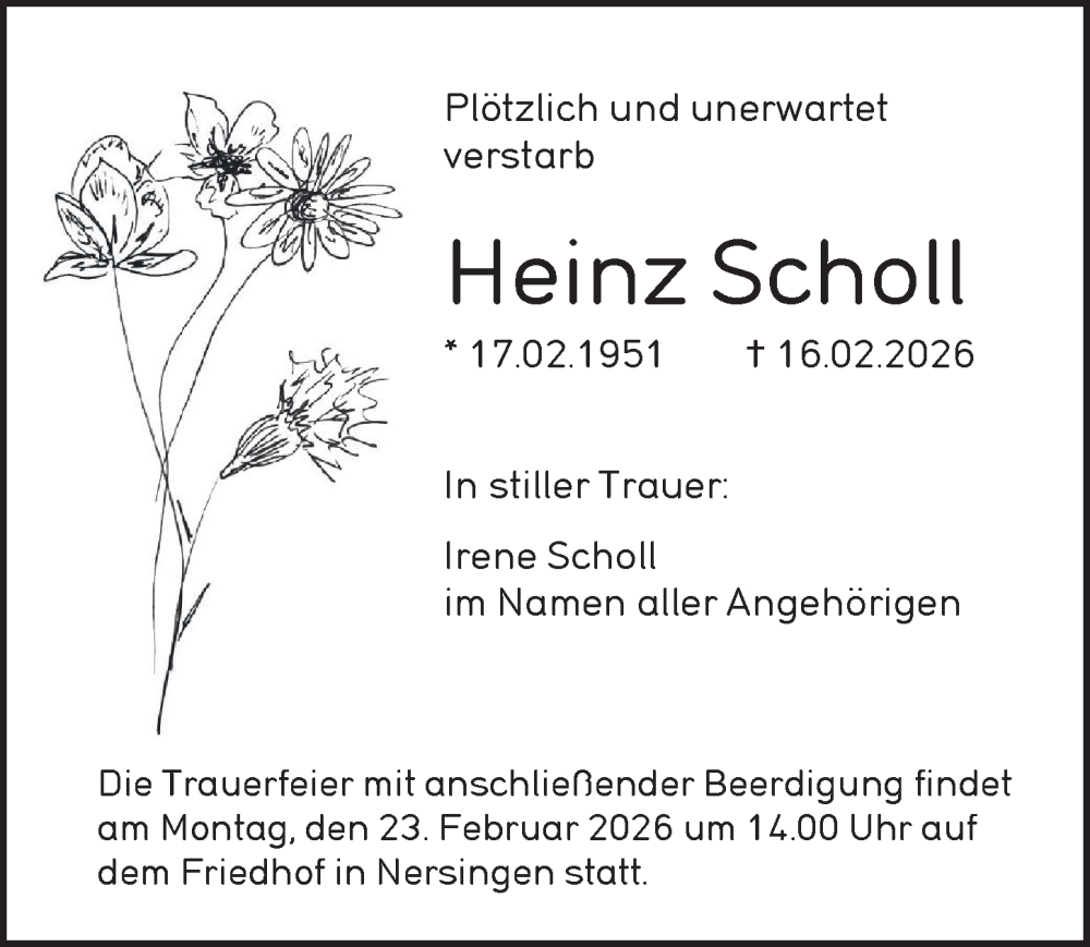  Traueranzeige für Heinz Scholl vom 21.02.2026 aus Augsburger Allgemeine, Neu-Ulmer Zeitung