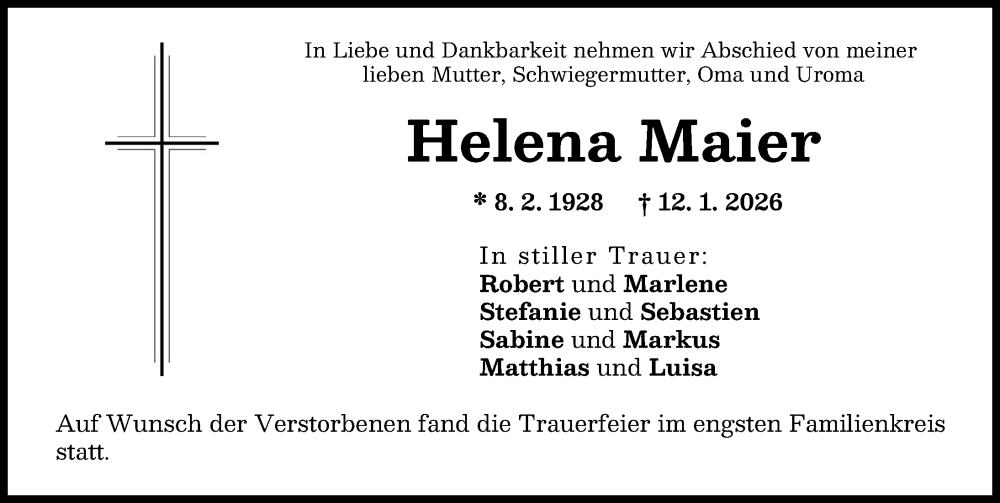  Traueranzeige für Helena Maier vom 06.02.2026 aus Donauwörther Zeitung