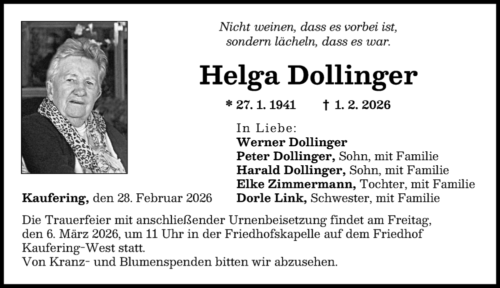  Traueranzeige für Helga Dollinger vom 28.02.2026 aus Landsberger Tagblatt
