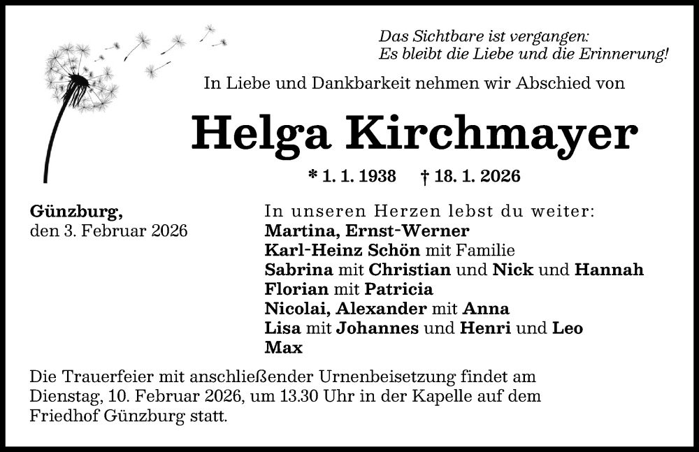  Traueranzeige für Helga Kirchmayer vom 03.02.2026 aus Günzburger Zeitung