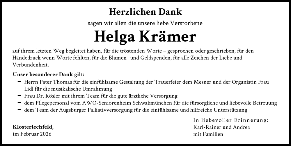  Traueranzeige für Helga Krämer vom 07.02.2026 aus Schwabmünchner Allgemeine