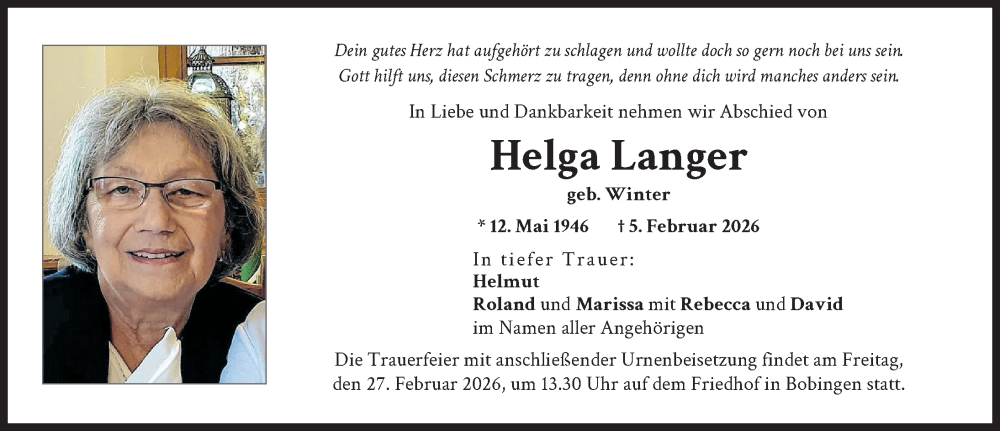  Traueranzeige für Helga Langer vom 21.02.2026 aus Schwabmünchner Allgemeine