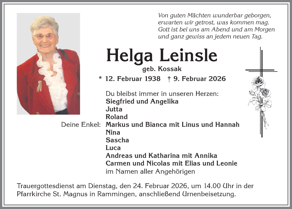  Traueranzeige für Helga Leinsle vom 21.02.2026 aus Mindelheimer Zeitung