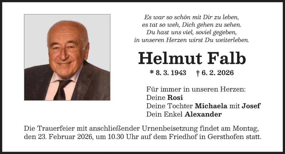  Traueranzeige für Helmut Falb vom 14.02.2026 aus Augsburg-Land