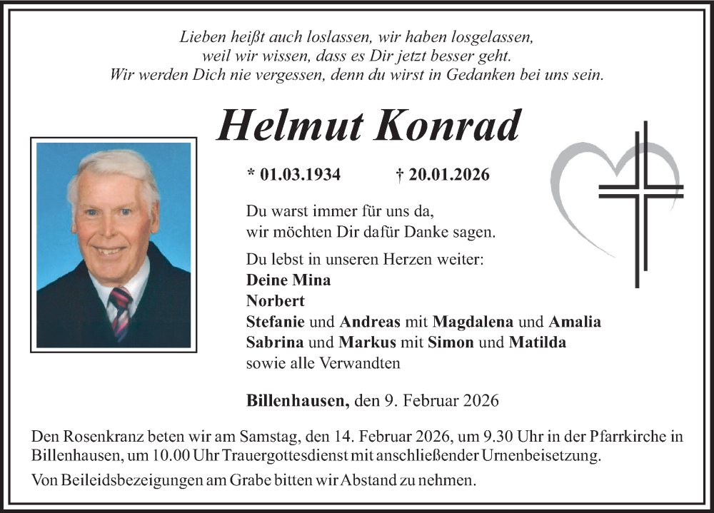  Traueranzeige für Helmut Konrad vom 09.02.2026 aus Mittelschwäbische Nachrichten