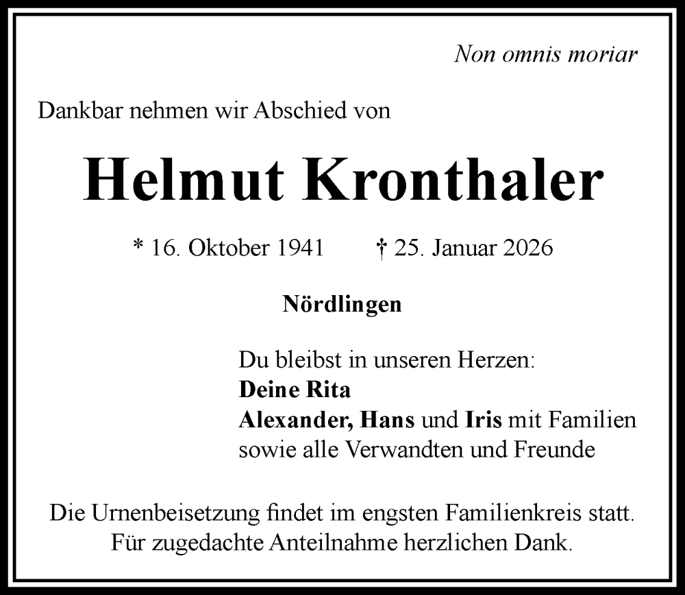  Traueranzeige für Helmut Kronthaler vom 07.02.2026 aus Rieser Nachrichten