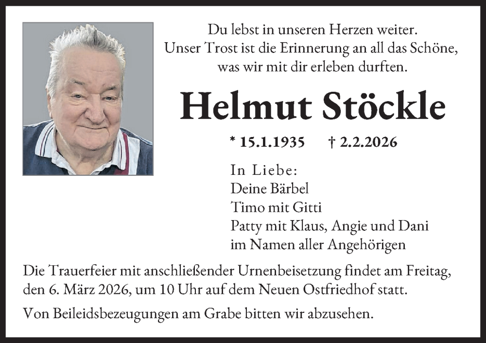 Traueranzeige von Helmut Stöckle von Augsburger Allgemeine