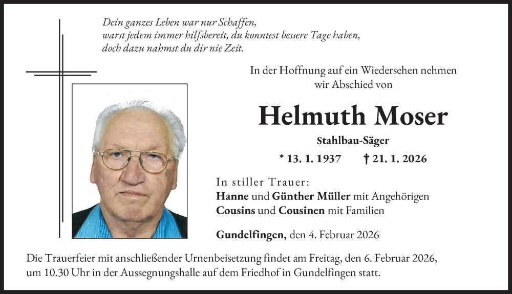  Traueranzeige für Helmuth Moser vom 04.02.2026 aus Donau Zeitung