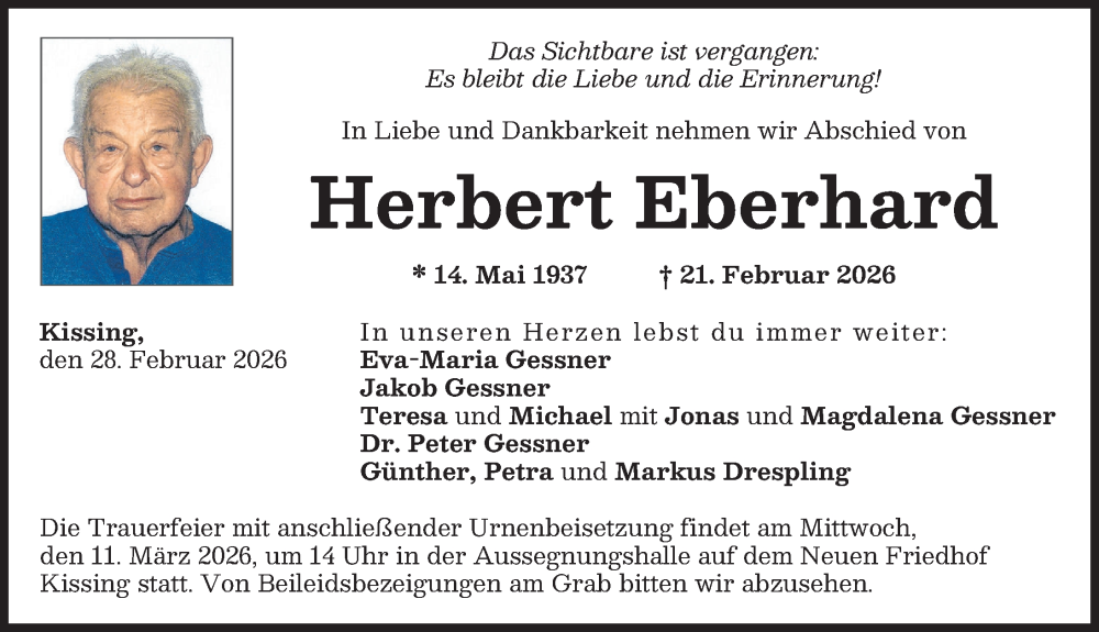 Traueranzeige von Herbert Eberhard von Friedberger Allgemeine